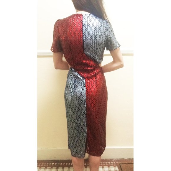 Marco De Vincenzo *CUSTOM DESIGNER* RUNWAY Red Blue Metallic Midi Cocktail Dress - Picture 15 of 16